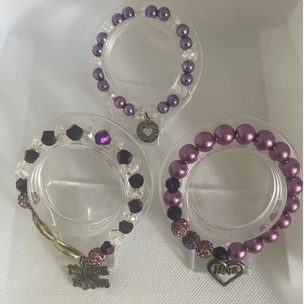 Purple Mom Charm Bracelet Set of 3 Beaded Faux Pearl Crystal Stretch Jewelry